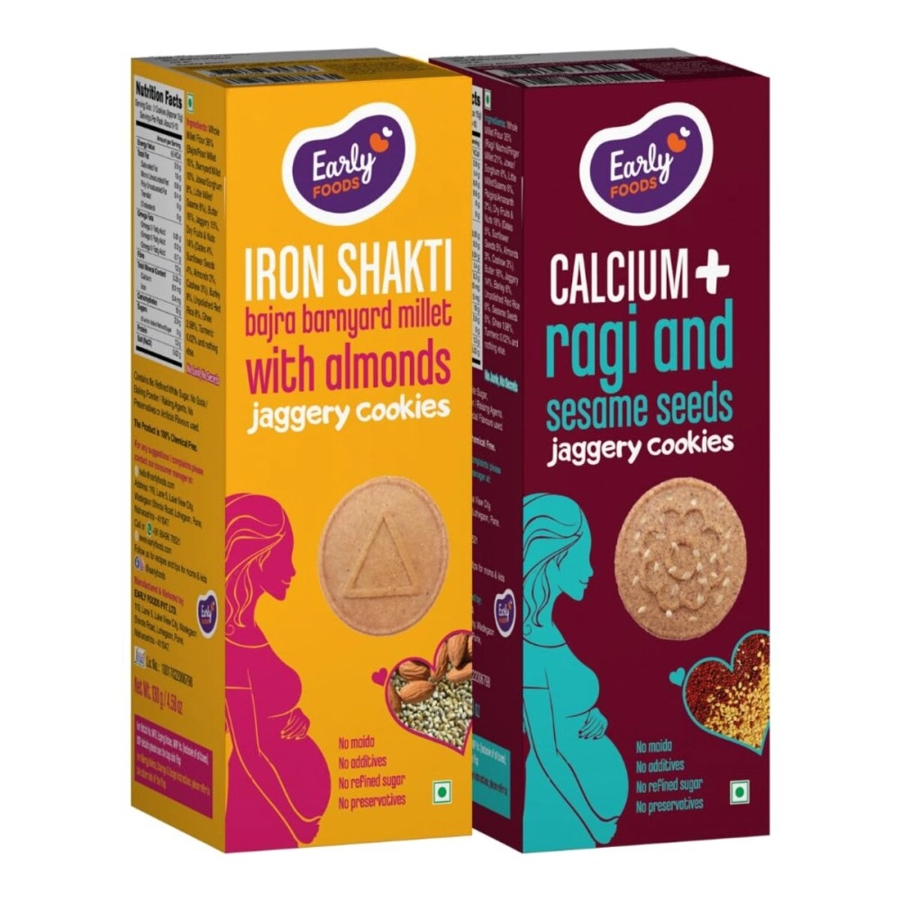 Early Foods - Pack of 2 Pregnancy Cookies, Millet Biscuits | Jaggery Biscuits (Ragi Biscuits with Sesame & Bajra Barnyard Cookies)