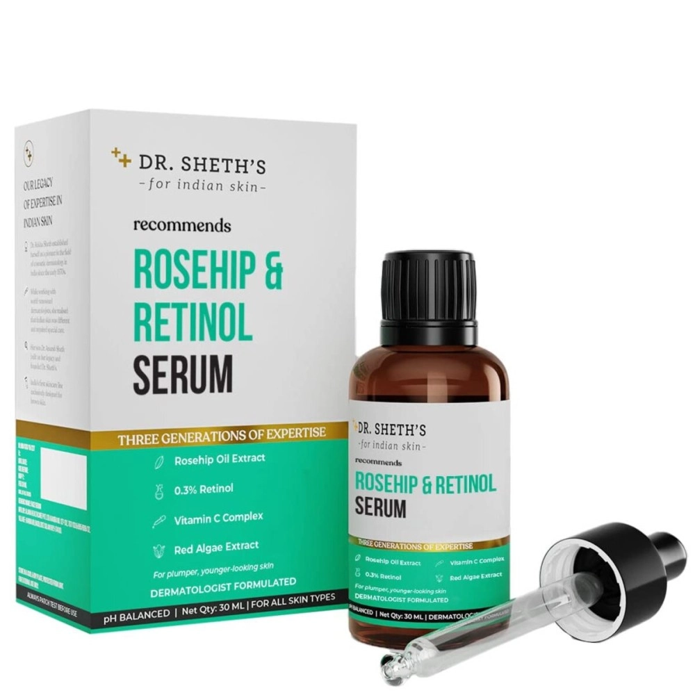 Dr. Sheth\'s Rosehip & Retinol Serum with Rosehip Oil Extract and 0.3% Retinol | Retinol serum for face | Anti Ageing, Reduces fine lines & wrinkles | For Men & Women | For All Skin Types |30ml