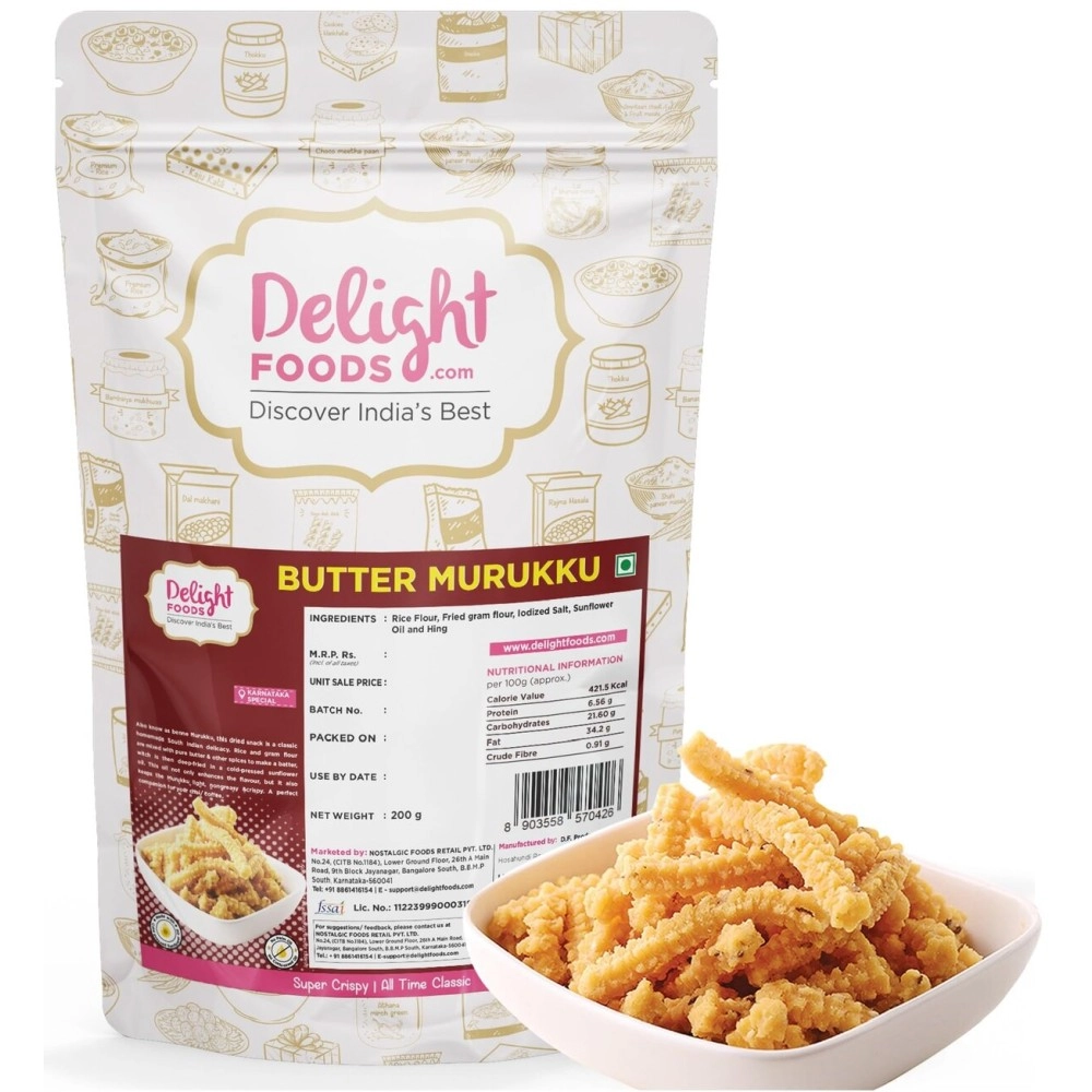 Delight Foods Mylapore Iyers Butter Murukku 200g | Healthy Groundnut Oil Fried Benne Murruku, Tea/Coffee time Snacks, Namkeen (200)