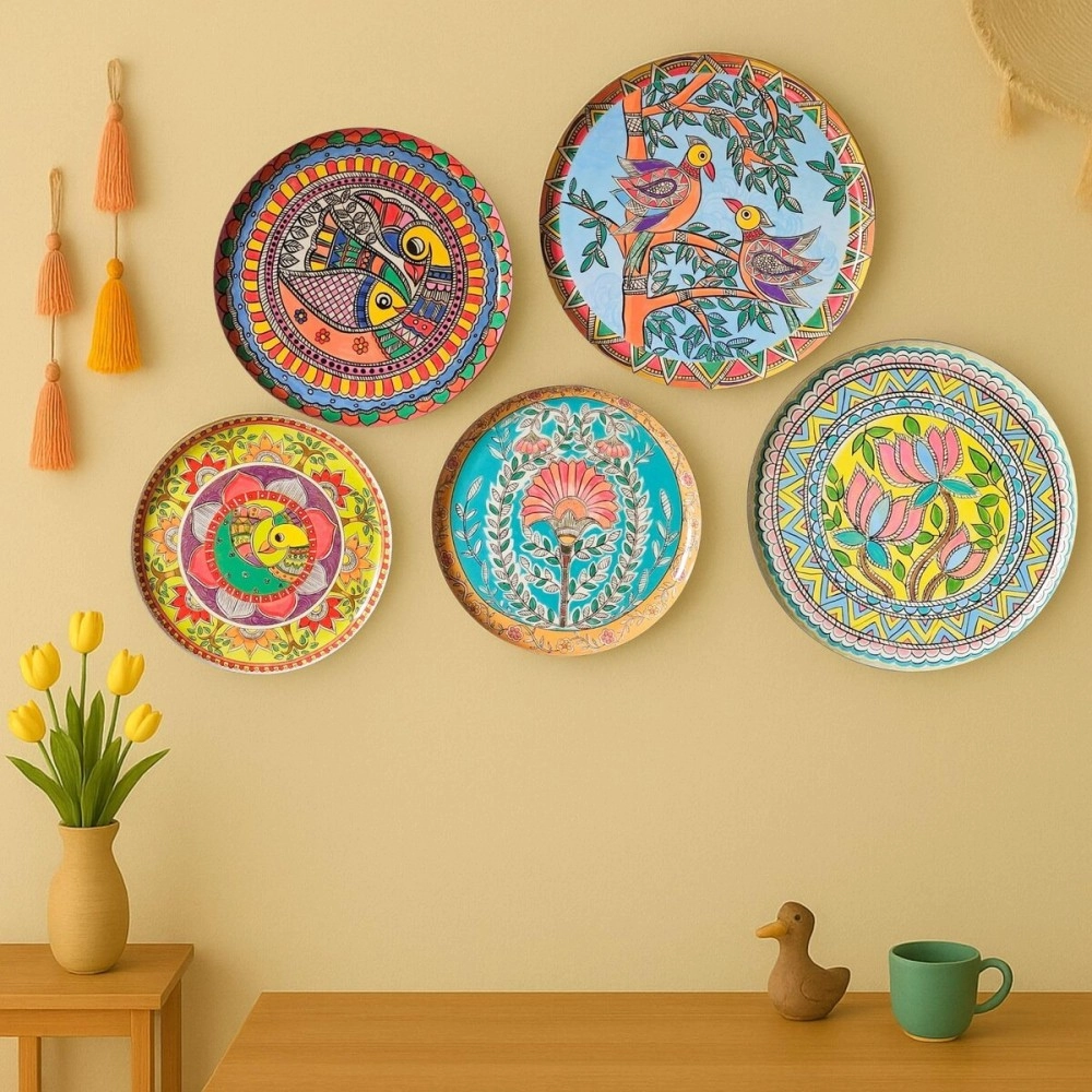 RITUALISTIC Madhubani Iron Wall Plates- Set of 5 (Multicolor) Wall Decoration Items For Living Room, Bedroom, Office | Wall Decor | Gift Items