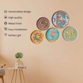 RITUALISTIC Madhubani Iron Wall Plates- Set of 5 (Multicolor) Wall Decoration Items For Living Room, Bedroom, Office | Wall Decor | Gift Items