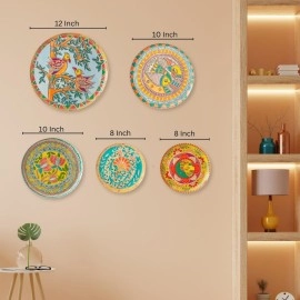 RITUALISTIC Madhubani Iron Wall Plates- Set of 5 (Multicolor) Wall Decoration Items For Living Room, Bedroom, Office | Wall Decor | Gift Items