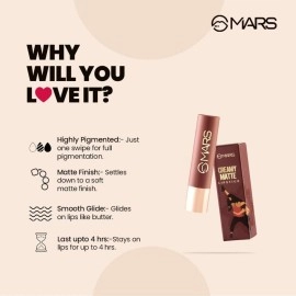MARS Creamy Matte Long Lasting Lipstick for Women | Creamy Lipstick | Single Swipe Application | Smooth & Light Weight (3.2 gm) (13-Love Lavani)