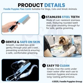 Foodie Puppies Flea Comb Pet Cat Dog Lice Comb Nit Remover Grooming Brush Tools to Treatment & Remove Fleas, Mites, Ticks, Dandruff Flakes - Stainless Steel Fine Teeth- Color May Vary (Flat Lice Comb)
