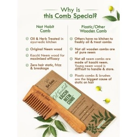 Nat Habit - Back To Natural Secrets Everyday Wide Tooth Wooden Kacchi Neem Comb & Neem Bhringraj Dasabuti Hair Oil for Dry and Frizzy Hair, with Castor, Coconut & Amla Combo of 2