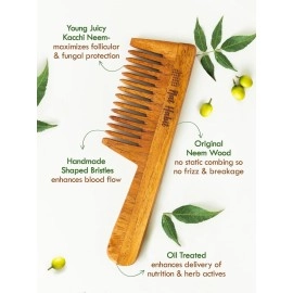 Nat Habit - Back To Natural Secrets Everyday Wide Tooth Wooden Kacchi Neem Comb & Neem Bhringraj Dasabuti Hair Oil for Dry and Frizzy Hair, with Castor, Coconut & Amla Combo of 2