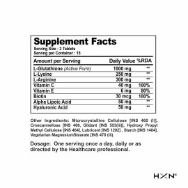 HXN Glutathione Tablets 1000mg With L-Glutathione, Vitamin C, E, Hyaluronic, Biotin, Collagen Builder Supplement To Support Healthy, Youthful Glow & Skin Whitening For Men-60 (No Capsule Pack 1)