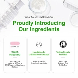 HXN Glutathione Tablets 1000mg With L-Glutathione, Vitamin C, E, Hyaluronic, Biotin, Collagen Builder Supplement To Support Healthy, Youthful Glow & Skin Whitening For Men-60 (No Capsule Pack 1)