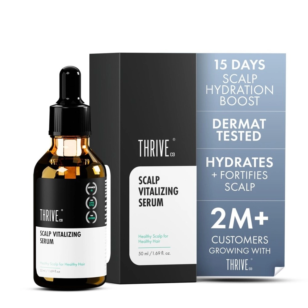 ThriveCo Scalp Vitalizing Serum, For Scalp Related Problems Like Dryness, Dandruff & Itchiness Provides Clean Scalp & Promotes Hair Growth 50Ml Transperant