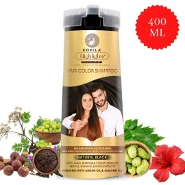 Kokila Hair Color Shampoo for Men & Women | No Ammonia - No Paraben | 10 Pair Free Gloves, Natural Black 400Ml