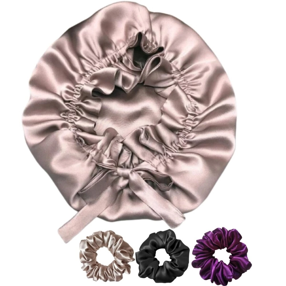 Candibella Women\'s Satin Silk Bonnet for Hair with 3 Premium Scrunchies, Adjustable Silk Hair Cap for Sleeping, Satin Bonnet for Curly Hair with Ribbon Tie Band, Satin Hair Wrap (Rose Taupe)