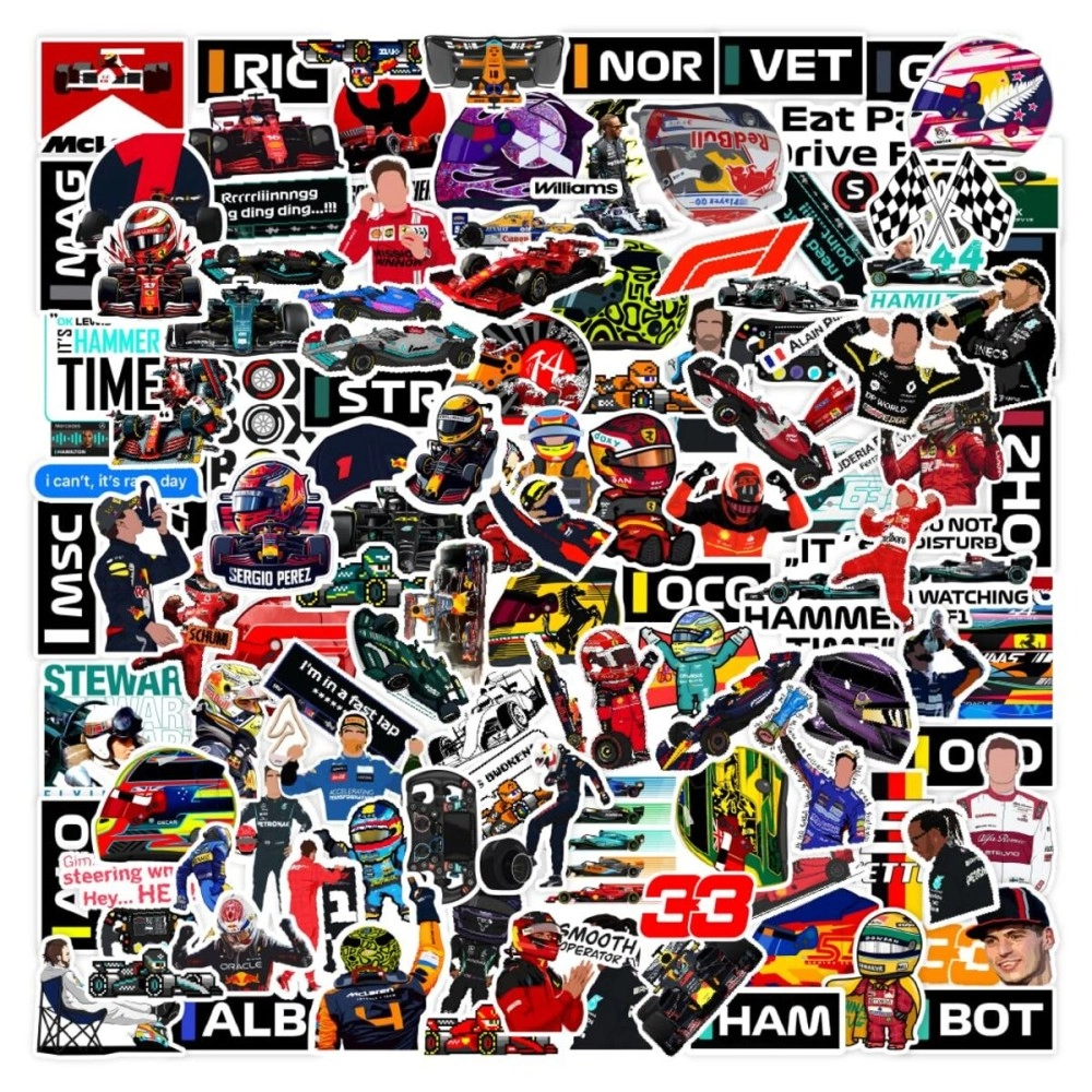 CodersParadise Pack of 60 F1 Formula One Racing Vinyl Stickers for Laptop, Journal, Bike Helmet, Diary, Guitar, Mobile Case - Waterproof Residue Free Stickers.