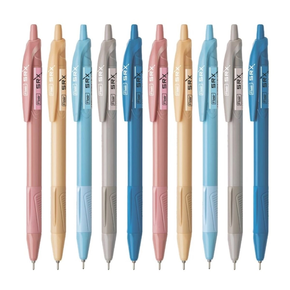 FLAIR Srx 0.7mm Retractable Ball Pen Box Pack | Triangular Body Design For Better Grip | Light Weight Refillable | Smooth Writing Experience | Vibrant Solid Body Colours | Blue Ink, Pack of 10 Pcs