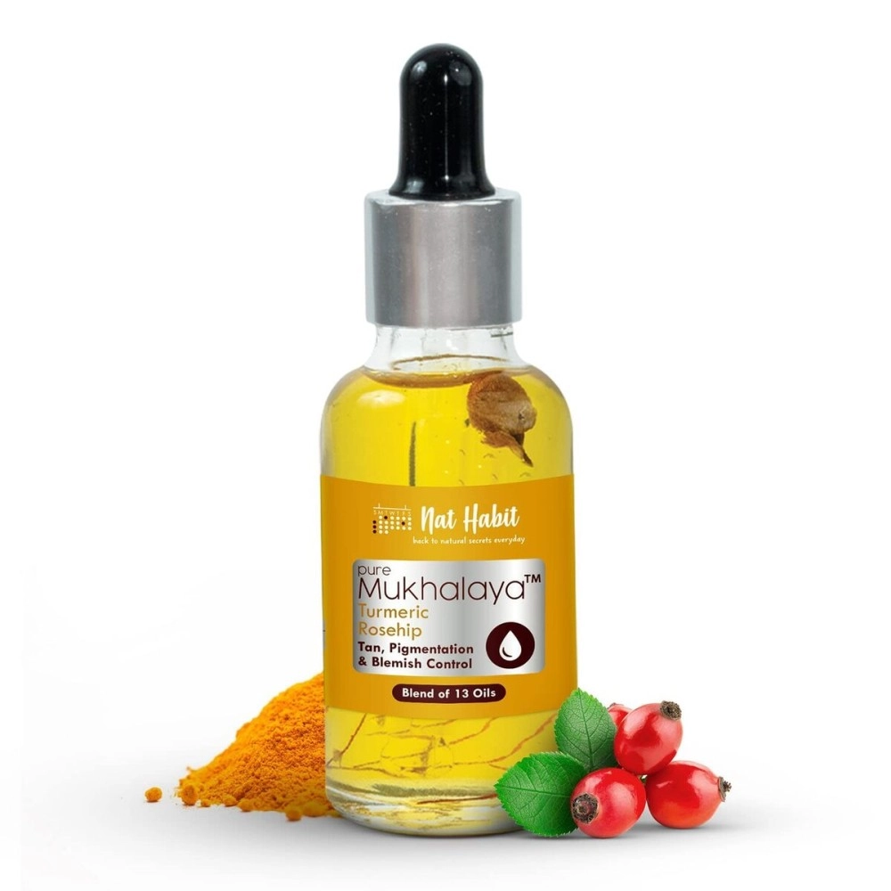 Nat Habit Turmeric Rosehip Mukhalaya Face Oil For Tan, Pigmentation & Blemish Control, with Blend of 13 Cold Pressed Oils, For Natural Face Care, No Mineral Oil or Chemical (30ml)