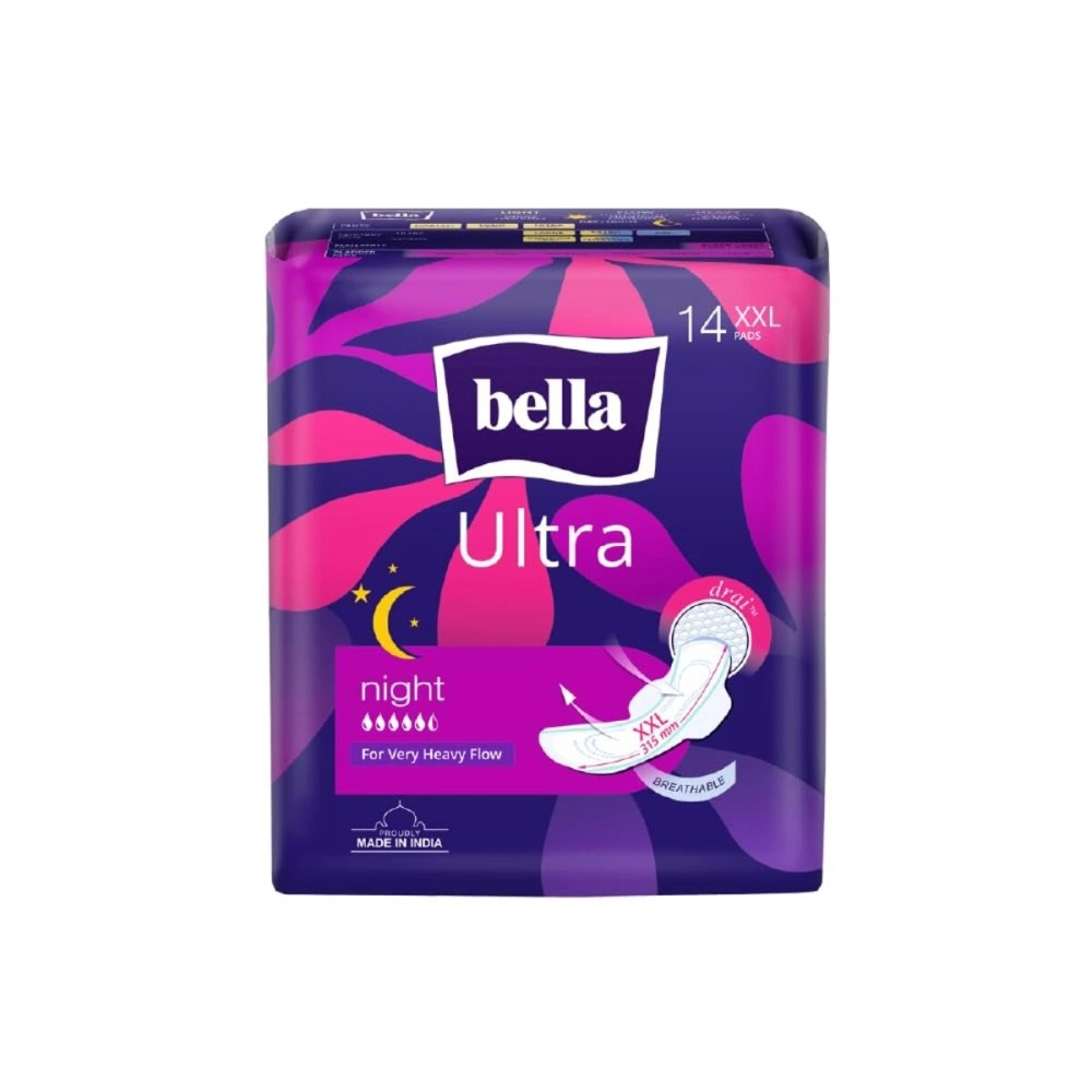 Bella Ultra Night Drai Pads Women|Sanitary Napkins|Drai Topsheet|31,5 Cm Long| Wings|Breathable|Lock Gel System|Green Edge System|Fast Absorption|For Rash Free Period|Size Xxl|Pack Of 1|14 Pcs
