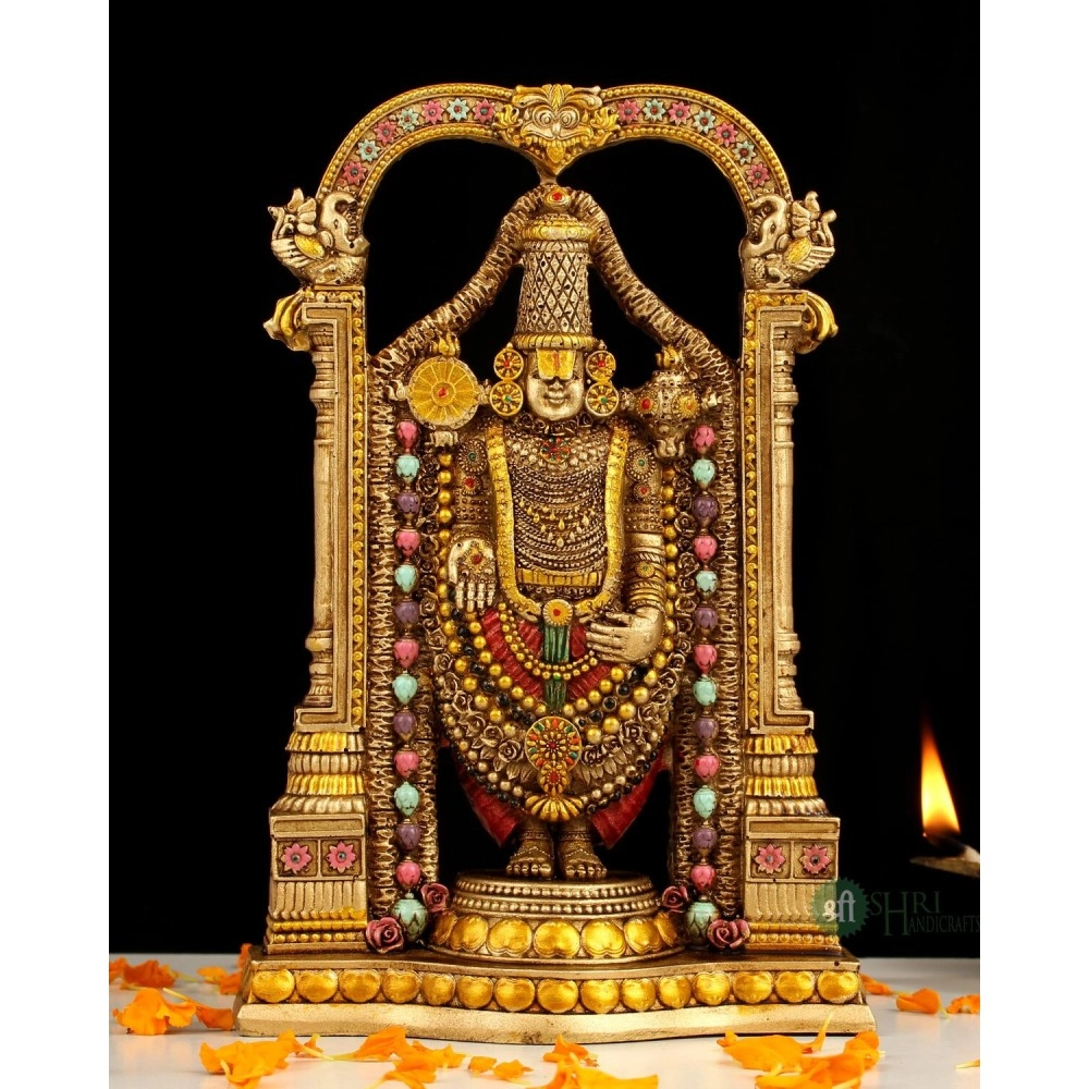 INDICAST 8 Tirupati Balaji Fine Metal Finish Idol Decorative Showpiece Handcrafted Tirupati Balaji Murti For Home Office And Gifting Purpose Sculpture, Golden, Pack of 1