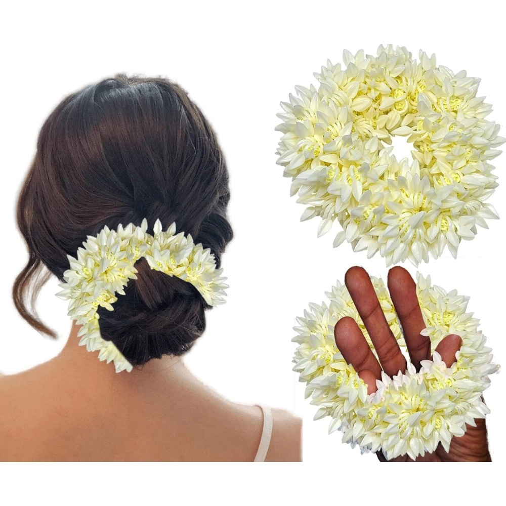 Temperia (2 Pcs) Scented Mogra Gajra Hair Accessories For Women & Girls - Hair Flower Bun Artificial Fake Gajra Scrunchies Rubber Band - Premium & Voluminous, White