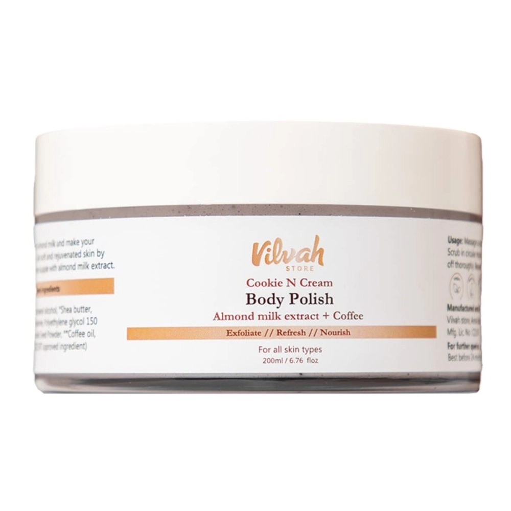 Vilvah Store Cookie N Cream Body Polish | Exfoliating Coffee Body Scrub | Moisturizing Shea Butter & Almond Milk Extract | Moisturizes & Brightens Skin | Sulphate Free | for Men & Women | 200gm