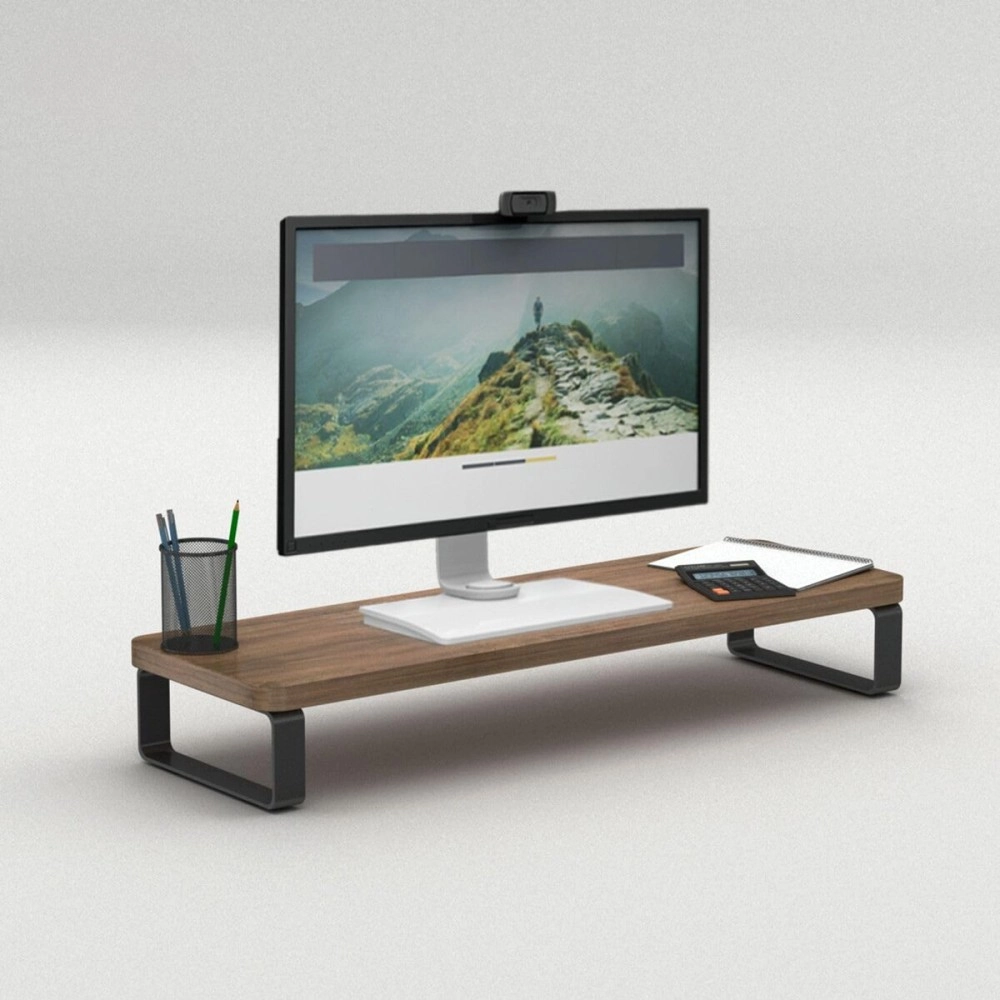 flux Monitor Stand Wooden | Monitor Stand Riser | PC Stand For Desktop Table | , Non Slip, Material: Particle Board & Metal size- (59.5 cm x 20cm x 12cm) Shelf (Walnut brown)