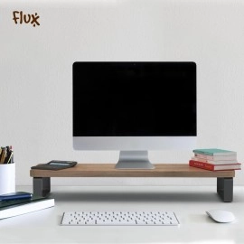 flux Monitor Stand Wooden | Monitor Stand Riser | PC Stand For Desktop Table | , Non Slip, Material: Particle Board & Metal size- (59.5 cm x 20cm x 12cm) Shelf (Walnut brown)