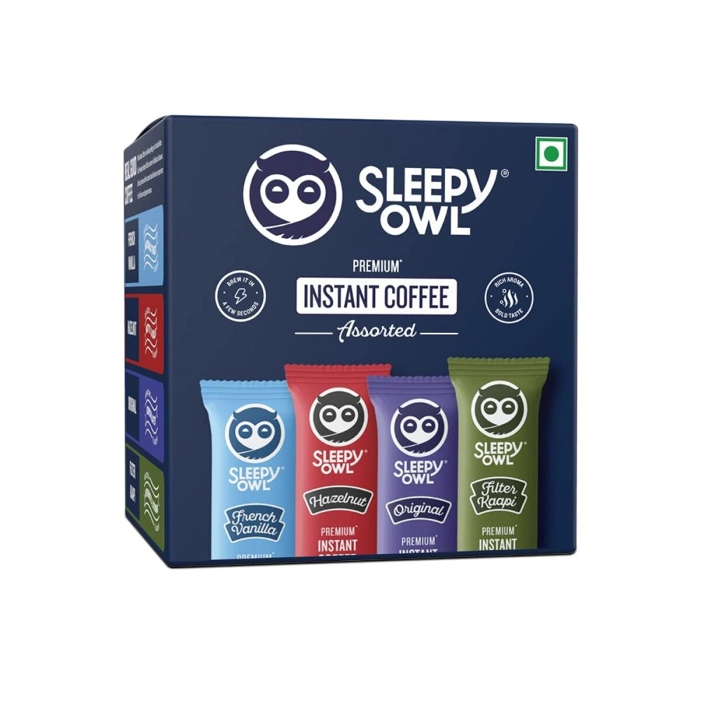 Sleepy Owl Premium Instant Coffee Sachets | 96 gm - Pack of 48 Assorted Coffee Powder Sachets | 2g Each - Original, French Vanilla, Hazelnut, and Filter Kaapi - Flavoured Coffee | Coffee Pouch - Makes