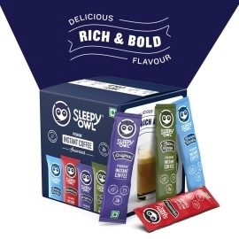 Sleepy Owl Premium Instant Coffee Sachets | 96 gm - Pack of 48 Assorted Coffee Powder Sachets | 2g Each - Original, French Vanilla, Hazelnut, and Filter Kaapi - Flavoured Coffee | Coffee Pouch - Makes