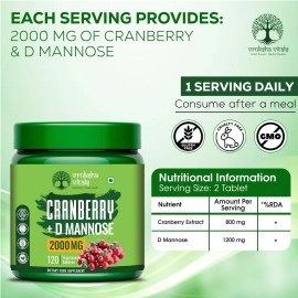Vruksha Vitals Cranberry D Mannose - 120 Tablets Capsules Supplement for men and women - Cranberry Fruit Extract Powder Supplements