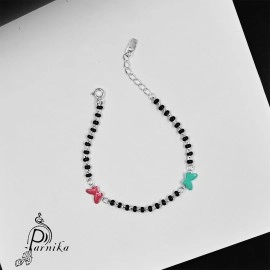 Parnika (Formerly MJ 925 Trendy Black Crystals Beads Nazariya Silver Bracelet in Pure 92.5 Sterling Silver | With Certificate of Authenticity | Gift For Girls n Women |, 6.5 inch + 0.5 inch, Sterling