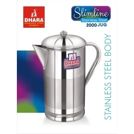 Dhara Stainless Steel Slimline Water Pitcher with Lid 2 Liters | Food Grade| Rust Proof | Streamlined Handle| Easy to Carry and Pouring | Strong and Sturdy | Steel Serving Water Jug for Dinning Table