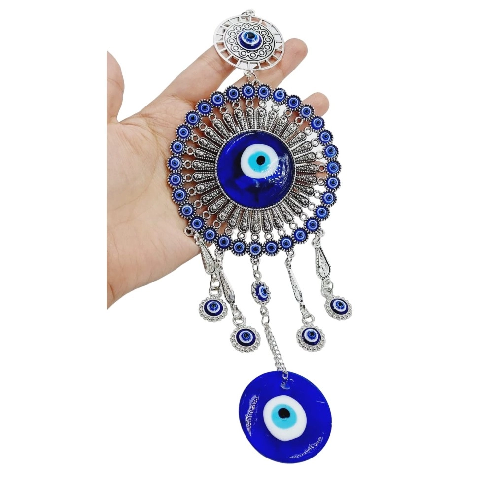 ARTISKRITI Evil Eye Hanging for Home Entrance Door Decoration, Nazar Battu for Home Protection, Good Luck Charm and Prosperity, Big Size (Blue and Silver)