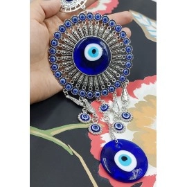 ARTISKRITI Evil Eye Hanging for Home Entrance Door Decoration, Nazar Battu for Home Protection, Good Luck Charm and Prosperity, Big Size (Blue and Silver)