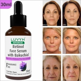 Luvyh Retinol Face Serum with Bakuchiol, Reduces Fine Lines & Wrinkles, Promotes Cell Turnover for Youthful, Smooth Skin, 100% Vegan & Fragrance-Free 30 ML