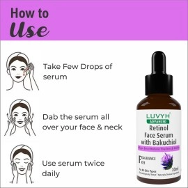 Luvyh Retinol Face Serum with Bakuchiol, Reduces Fine Lines & Wrinkles, Promotes Cell Turnover for Youthful, Smooth Skin, 100% Vegan & Fragrance-Free 30 ML