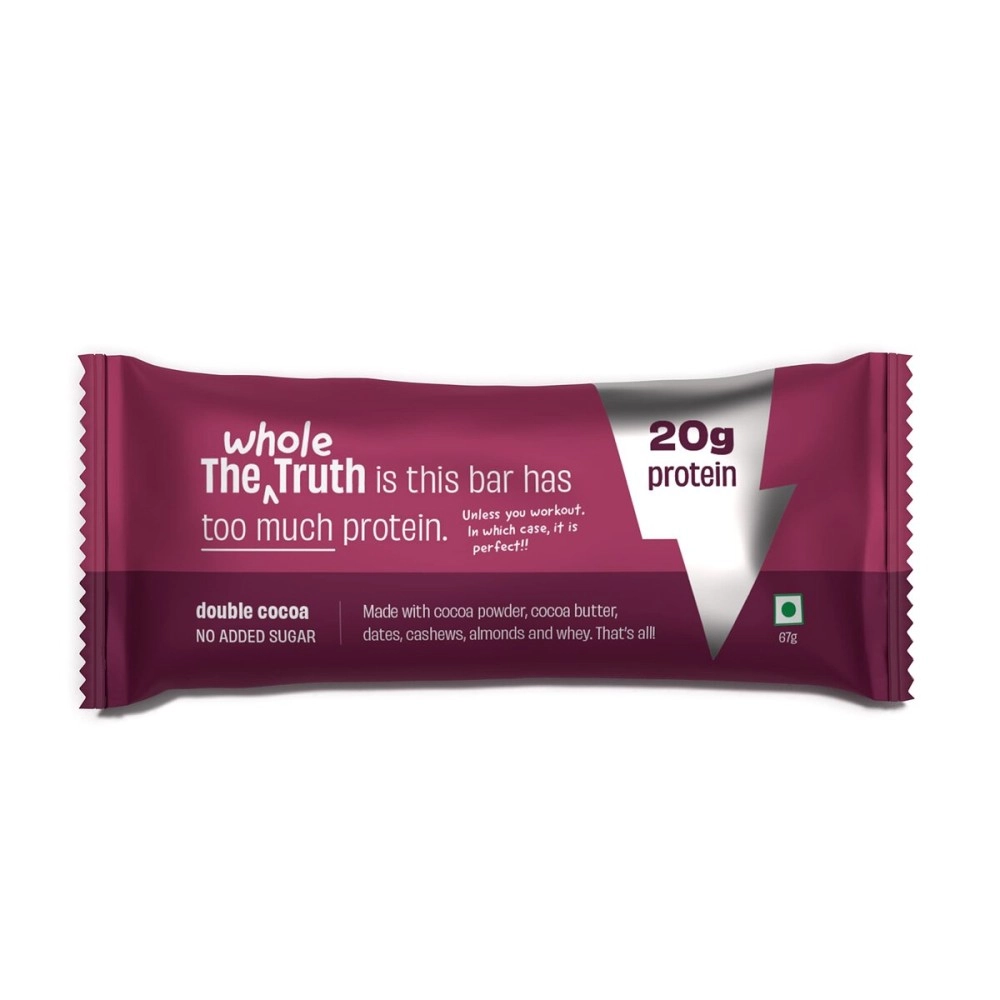 The Whole Truth - High Protein Double Cocoa 20g Protein Bar - Pack of 5 x 67g each - No Added Sugar - No Preservatives - No Artificial Flavours - All Natural