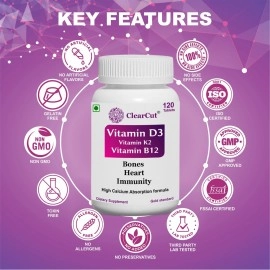 ClearCut Vitamin D3 K2 B12 Calcium tablet Joints bones Boosting Immunity supplement for men women 120