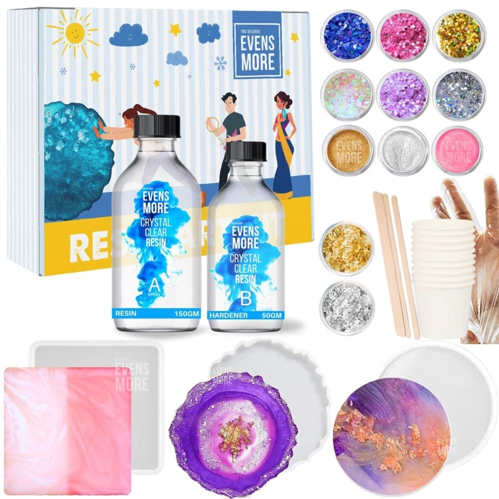EVENS MORE DIY Resin 4 Inch Coaster Kit with 200Gm Crystal Clear and Glitter Round and Agate Mould