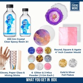 EVENS MORE DIY Resin 4 Inch Coaster Kit with 200Gm Crystal Clear and Glitter Round and Agate Mould