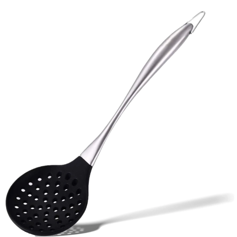 Ramkuwar Silicone Wok Skimmer Baking and Mixing Spatula Premium Slotted Spoon Scoop Strainer Colander BPA Free with Stainless Steel Handle for Non Stick Cookware