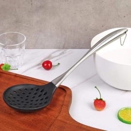 Ramkuwar Silicone Wok Skimmer Baking and Mixing Spatula Premium Slotted Spoon Scoop Strainer Colander BPA Free with Stainless Steel Handle for Non Stick Cookware