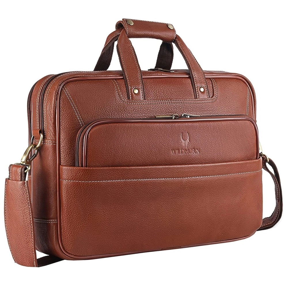 WildHorn Classic Leather 16 inch Laptop Messenger Bag for Men I Office Bags I Travel Bags I Carry Handles with Adjustable Strap I Dimension: L- 16 inch H-12 inch W- 4 inch, Tan, 16 inches