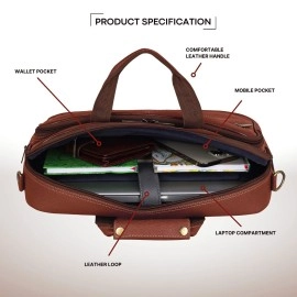 WildHorn Leather 15 Inch Laptop Messenger Bag For Men I Padded Laptop Compartment I Carry Handles With Adjustable Strap I Dimension : L-15.5 Inch W-3.5 Inch H-11.5 Inch,Brown