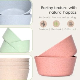 eha Set of 4 Earth-Friendly Curry Bowls for kitchen | 175 ml | Ice Cream Bowl Made with Bamboo Fibers & Rice Husk | Microwave Safe Bowl | For Hot & Cold serving Bowl Set | Multicolour