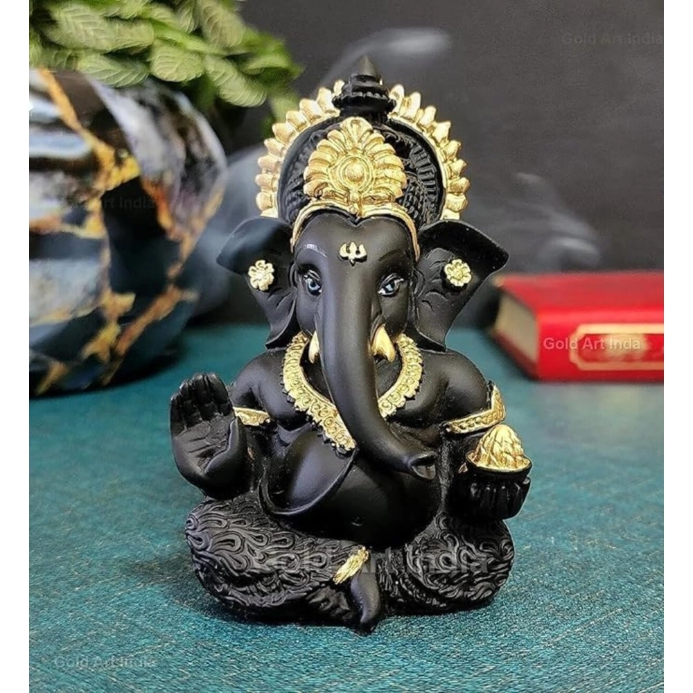 Gold Art India Terracotta Black Ganesha for Car Dashboard Idol Home Decor Gifting Diwali Birthday Festivals 3.5 x 2 Inches