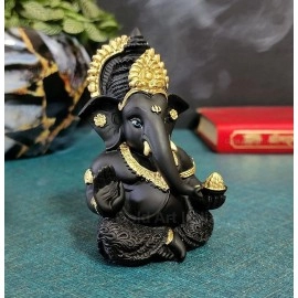Gold Art India Terracotta Black Ganesha for Car Dashboard Idol Home Decor Gifting Diwali Birthday Festivals 3.5 x 2 Inches