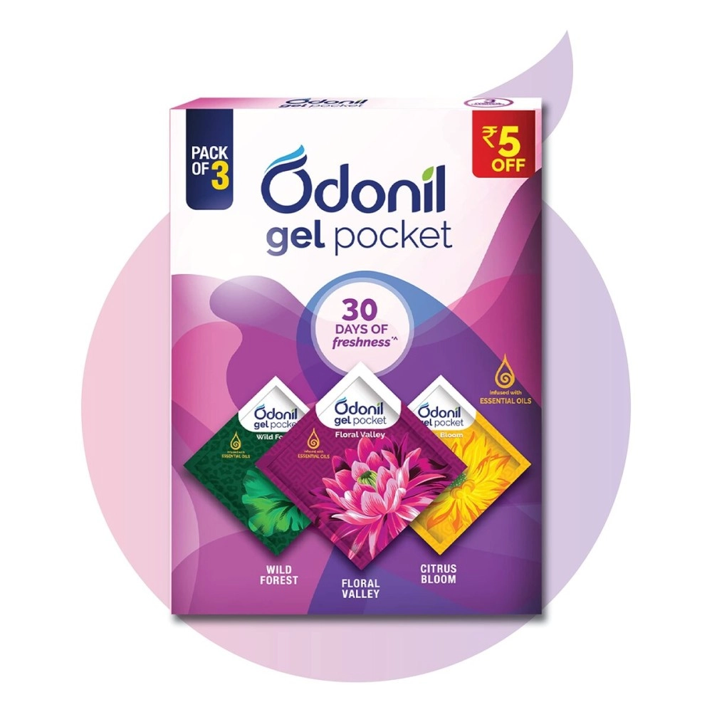 Odonil Gel Pocket Mix - 30g (Assorted pack of 3 new fragrances) | Infused with Essential Oils | Germ Protection |Long Lasting | Lasts Up to 30 days | Air Freshener for Bathroom, Toilet, Home & Office