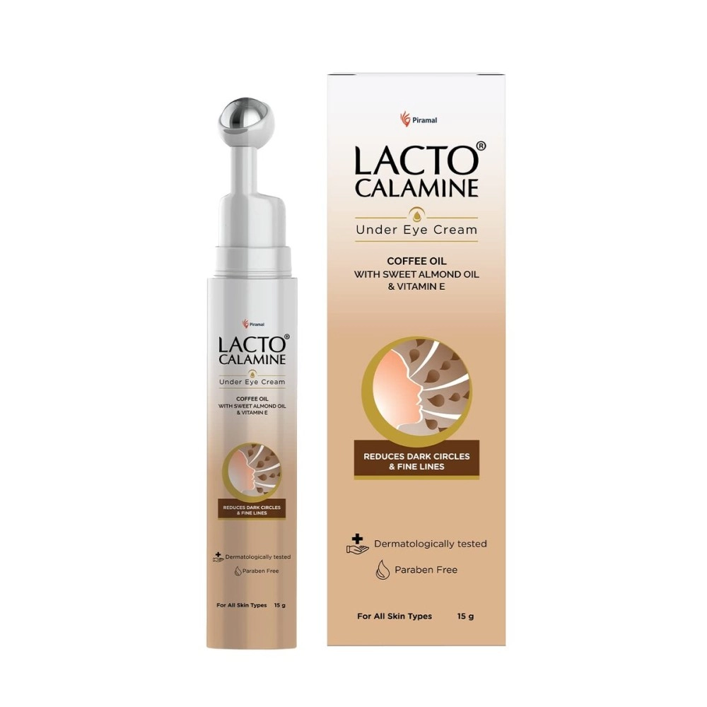 Lacto Calamine Under Eye Cream For Dark Circles for Women & Men | Fine Lines & Puffy Eyes With Cooling Massage Roller | 15g | With Coffee Oil, Multi-Peptides, Niacinamide, & Vitamin E