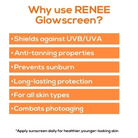 RENEE Glowscreen SPF 50 Sunscreen Cream - 50ml, PA++++ UVA & UVB Protection, Hyaluronic Acid & Vitamin C Enriched | Non-Greasy, Quick Absorbing Matte Formula, No White Cast - Ultimate Skin Protection
