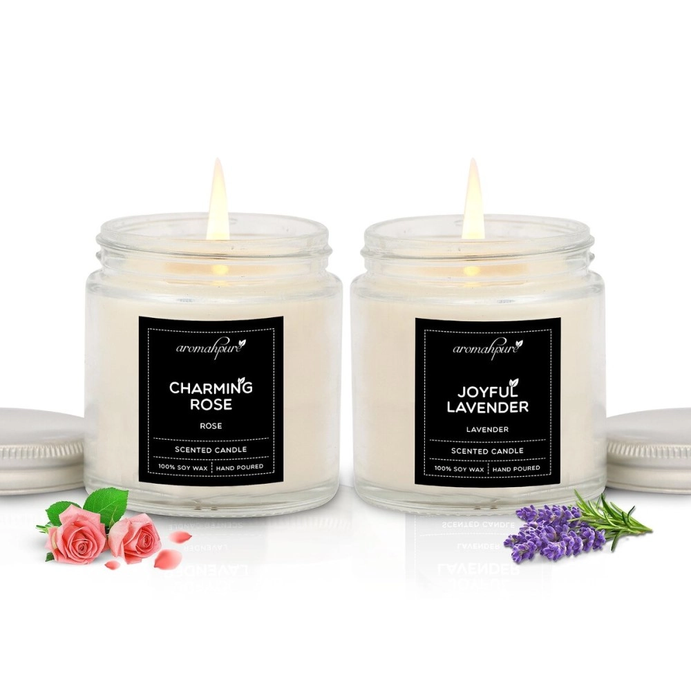 Aromahpure Scented Candles (55 Hrs) |Pack of 2| 100% Soy Wax Handcrafted | Smoke-Free | Charming Rose-Bulgarian Rose, Joyful Lavender- Lavender Fragrance Candles for Home & Gift Sets