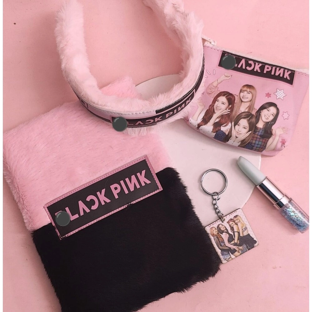 Tera13 Stationary Combo Set Black & Pink Diary for Girls Gel Pen for Kids Cartoon Pouch Keychain Hair Band for Girls Kids Birthday Party