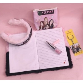 Tera13 Stationary Combo Set Black & Pink Diary for Girls Gel Pen for Kids Cartoon Pouch Keychain Hair Band for Girls Kids Birthday Party